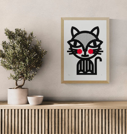 Black Cat by PLUMO, vertical A3 hand-pulled screenprint featuring a graphic black cat with dotted details and bright red cheeks, bold wall art for modern home decor.