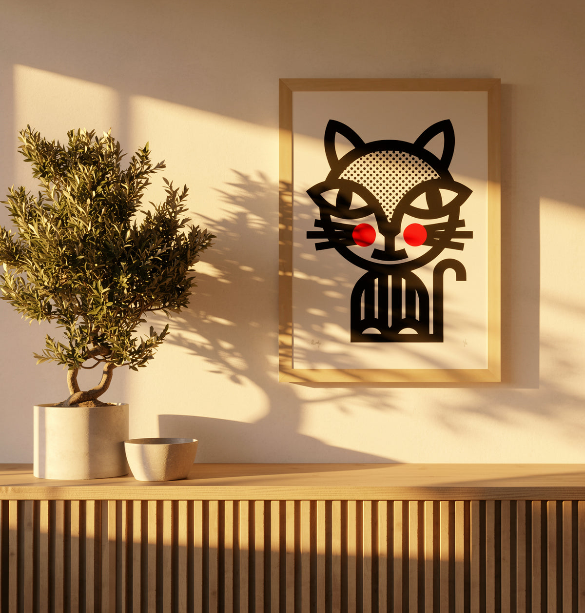 Black Cat by PLUMO, vertical A3 hand-pulled screenprint featuring a graphic black cat with dotted details and bright red cheeks, bold wall art for modern home decor.