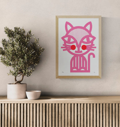 Pink Cat by PLUMO, vertical A3 hand-pulled screenprint featuring a graphic black cat with dotted details and bright red cheeks, bold wall art for modern home decor.