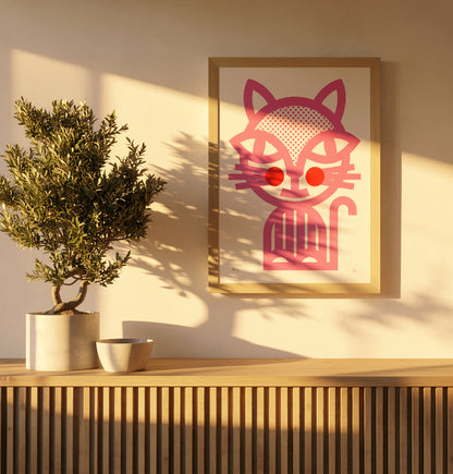 Pink Cat by PLUMO, vertical A3 hand-pulled screenprint featuring a graphic black cat with dotted details and bright red cheeks, bold wall art for modern home decor.