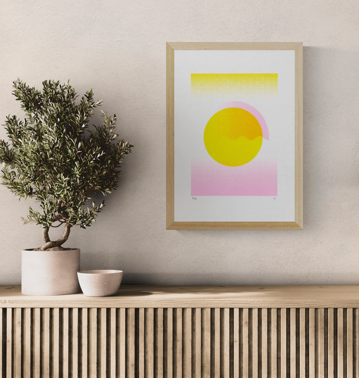 Yellow Gradient by PLUMO, vertical A3 hand-pulled screenprint with abstract geometric circles and blocks in bright yellow, orange and soft pink, ideal as colourful contemporary wall art.