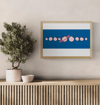 Solar by Studio Stoutpoep, horizontal digital art print showing pink illustrated breasts arranged like a solar system on a deep blue background, playful contemporary wall decor.
