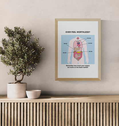 Worthless by Studio Stoutpoep is an A3 digital art print with dark humor and bold color, ideal as playful wall art and quirky home decor.