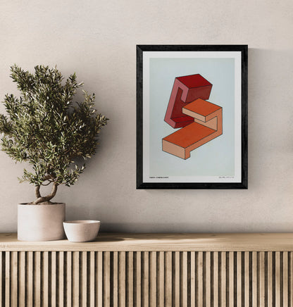 Geometric Composition 1 by Yakov Chernikhov, vertical digital art print with red and orange architectural geometric forms on a pale blue background, ideal for modern wall decor.