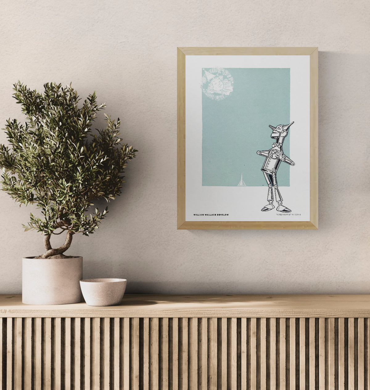 Vintage illustration of the Tin Woodman from The Wizard of Oz by William Wallace Denslow, with black linework and a pale blue-green background. Vertical digital art print for playful wall decor.