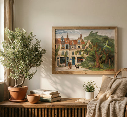 Whimsical forest and Brussels streetscape illustration by Lena Yampolski featuring historic townhouses, enchanted trees, birds, woodland creatures, and folklore-inspired details in soft green and earthy tones. Giclée wall art print for cozy home decor.