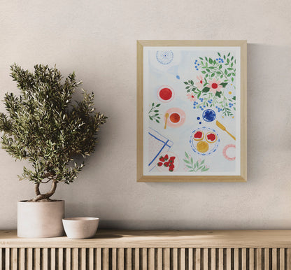 Breakfast Garden art print by Leens featuring floral branches, tea cups, strawberries, blueberry bowls, and breakfast details in soft pastel colours on a light background, A3 digital illustration for cozy kitchen wall decor.