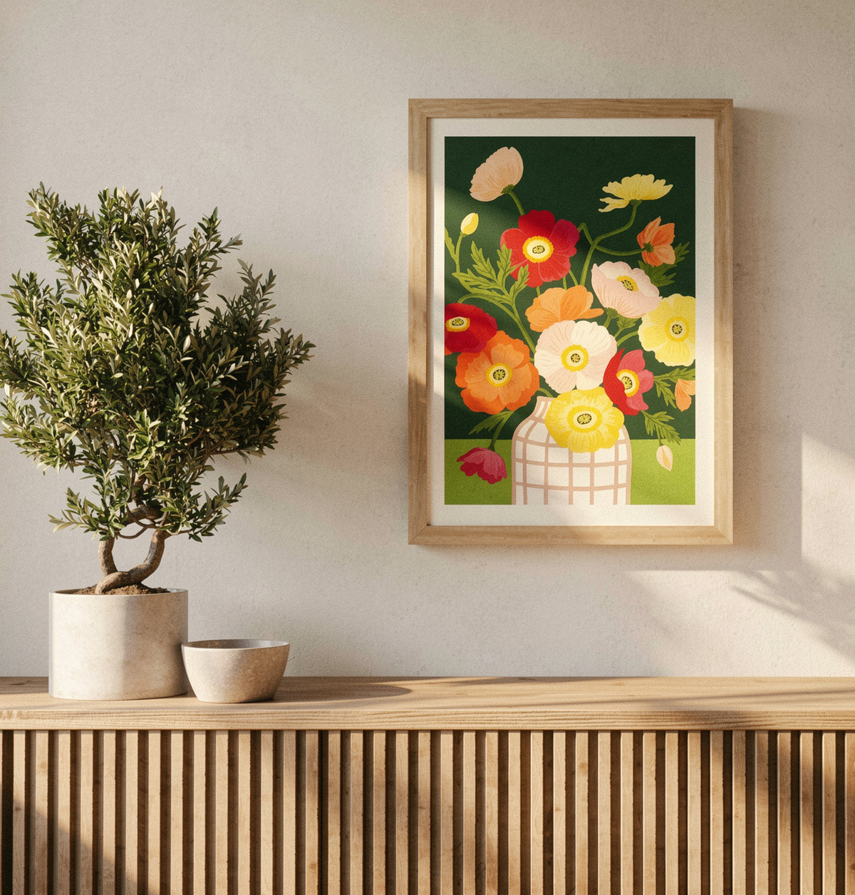 Colorful floral art print “Poppies” by Leens featuring vibrant red, pink, yellow, and orange poppy flowers in a patterned vase against a dark green background. Contemporary botanical wall art print for modern interiors.