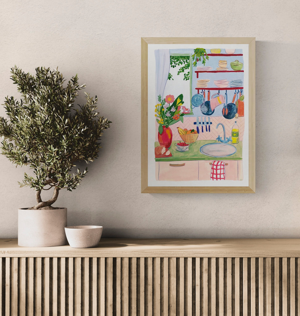 Colorful illustration of a cozy kitchen interior with plants, dishes, hanging utensils, flowers, and soft pastel tones, creating a warm and homely atmosphere.
