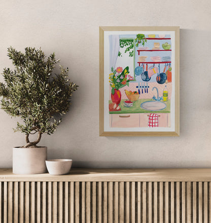 Colorful illustration of a cozy kitchen interior with plants, dishes, hanging utensils, flowers, and soft pastel tones, creating a warm and homely atmosphere.