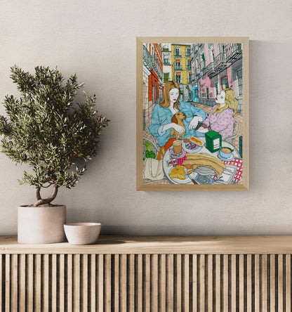 Colourful art print by Spanish illustrator Ana Jarén showing two women enjoying a typical Madrid breakfast with churros, coffee and pastries in the lively Malasaña neighbourhood – 29.7 x 42 cm, perfect wall art to bring Spanish charm to your home.