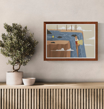 A3 surreal landscape art print by Ana Yael featuring a waterfall flowing over a cliff with a small illuminated house hidden behind the water, soft clouds, rocks, and minimalist design style.