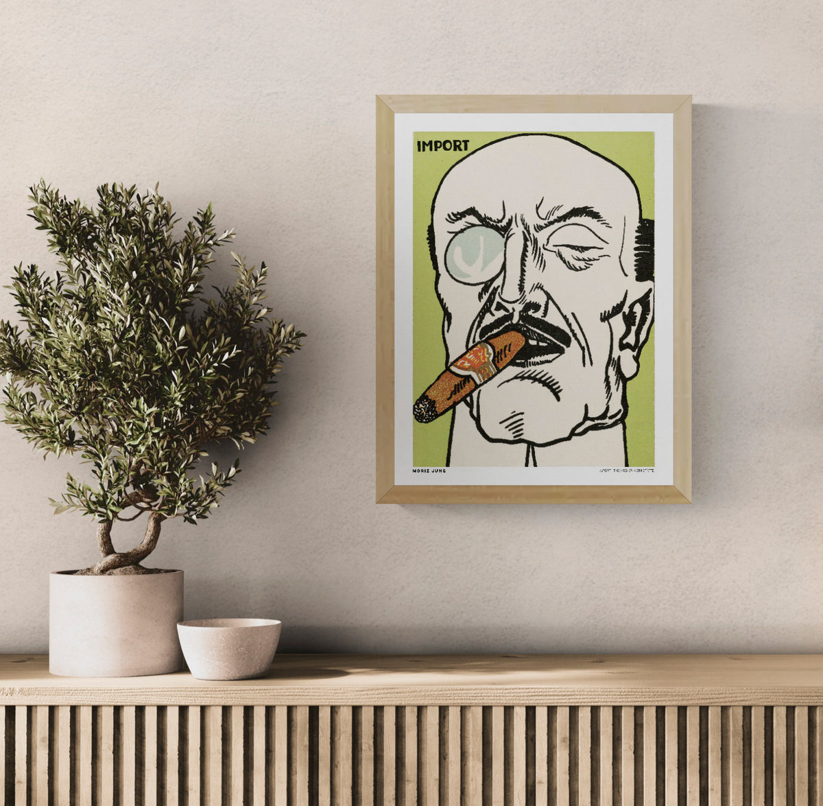 Vertical digital art print of Moriz Jung’s Import, showing a bold caricature of a man with a cigar and monocle in black, cream, green and orange, in Wiener Werkstätte style for office, study or eclectic wall decor.