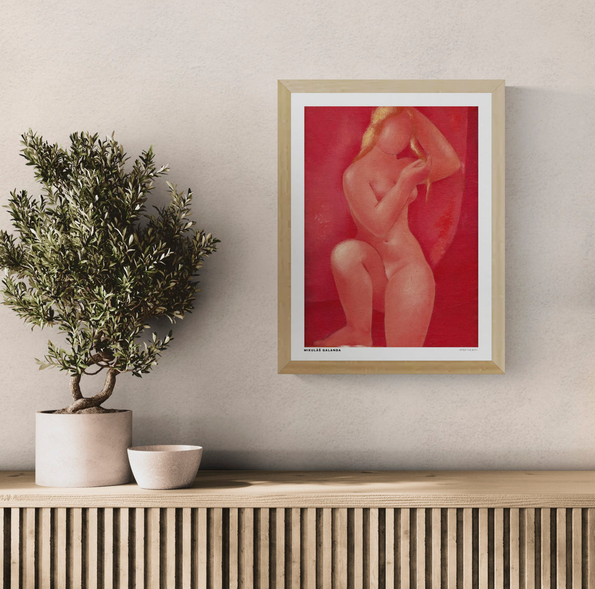 After The Bath by Mikulas Galanda, vertical figurative digital art print of a seated nude woman in warm coral and red tones, ideal for bedroom or living room wall decor.