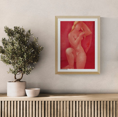 After The Bath by Mikulas Galanda, vertical figurative digital art print of a seated nude woman in warm coral and red tones, ideal for bedroom or living room wall decor.
