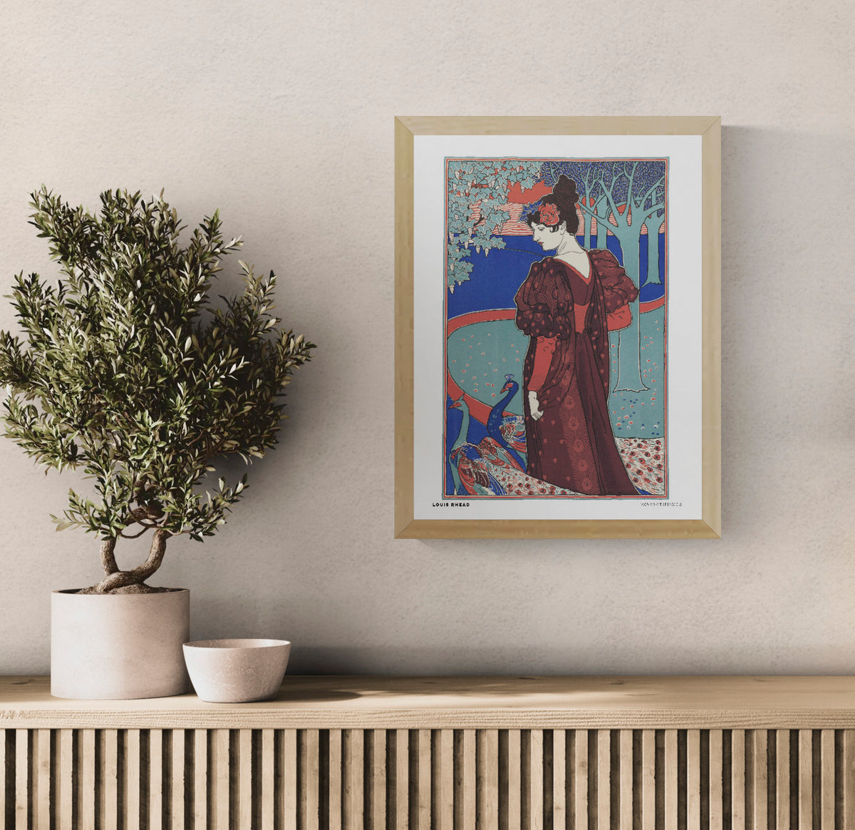 Woman with peacocks by Louis Rhead, vertical Art Nouveau digital print featuring a woman in a burgundy dress with blue peacocks, teal trees and coral details, ideal for decorative wall art.