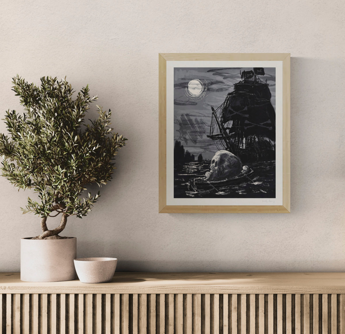 Skull and Bones by Willy Leung, monochrome giclée art print featuring a giant pirate ship, skull in a small boat, and glowing full moon. Dark fantasy illustration in portrait format, ideal for atmospheric wall decor.