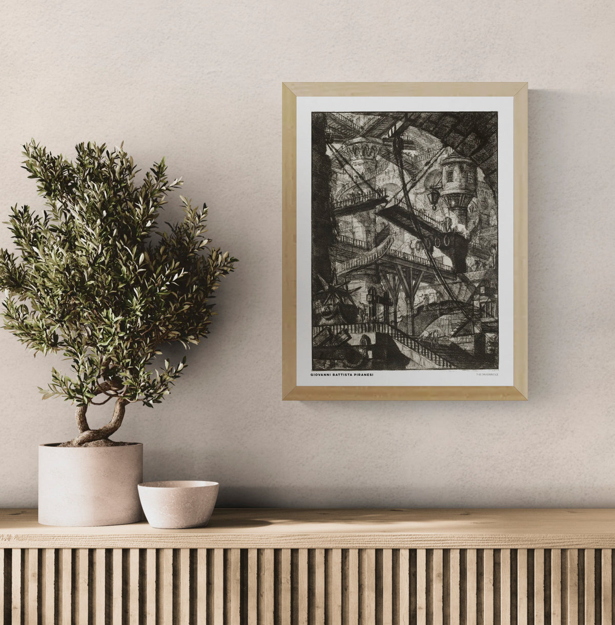 The Drawbridge by Giovanni Battista Piranesi, black and white architectural etching showing overlapping bridges, staircases and vaulted stone structures. Vertical digital art print for classic or industrial wall decor.