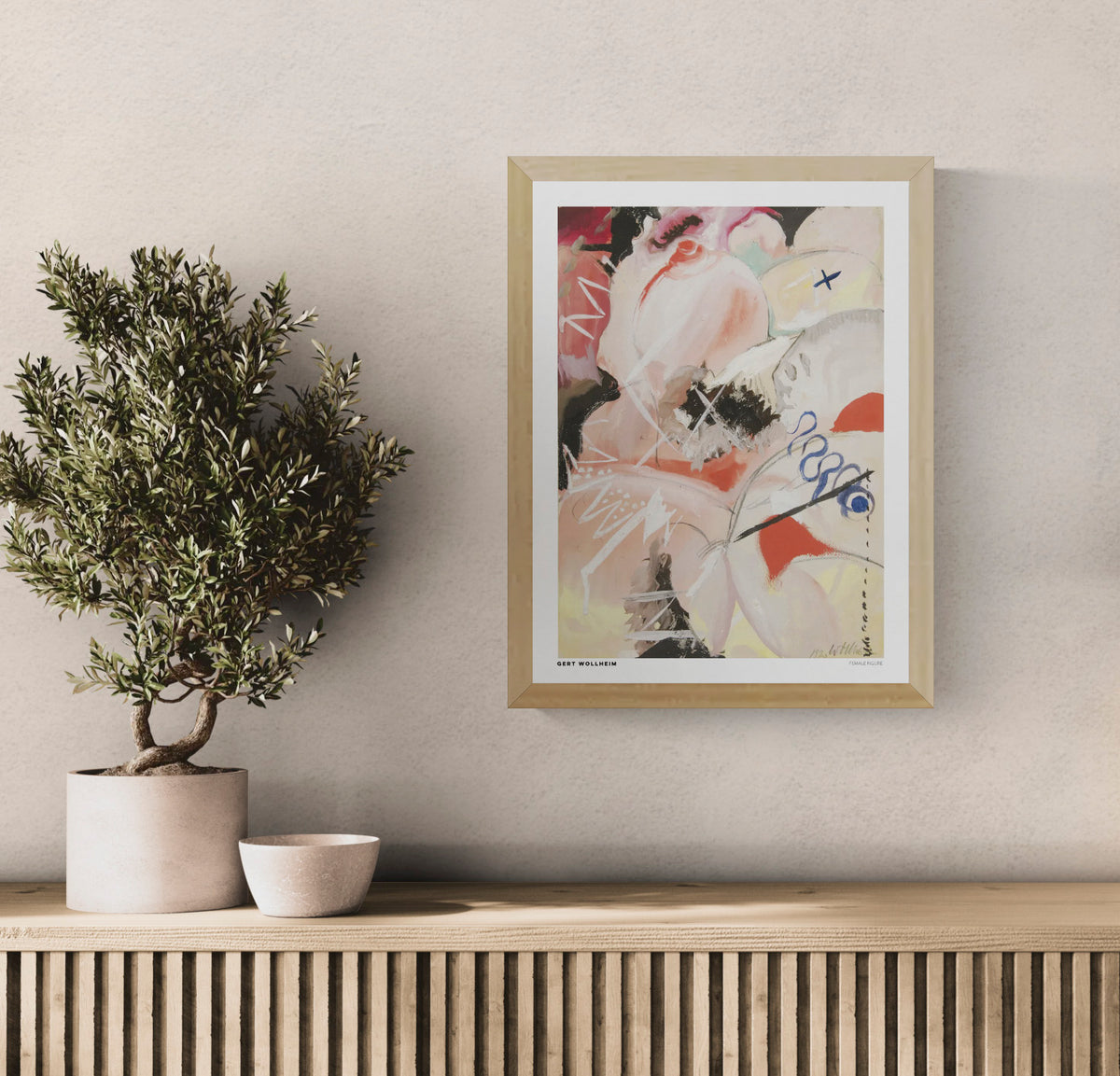 Female Figure by Gert Wollheim, vertical expressionist artwork with an abstract female form, soft pink and peach tones, red accents, black brushstrokes and blue marks. Digital art print for contemporary wall decor.