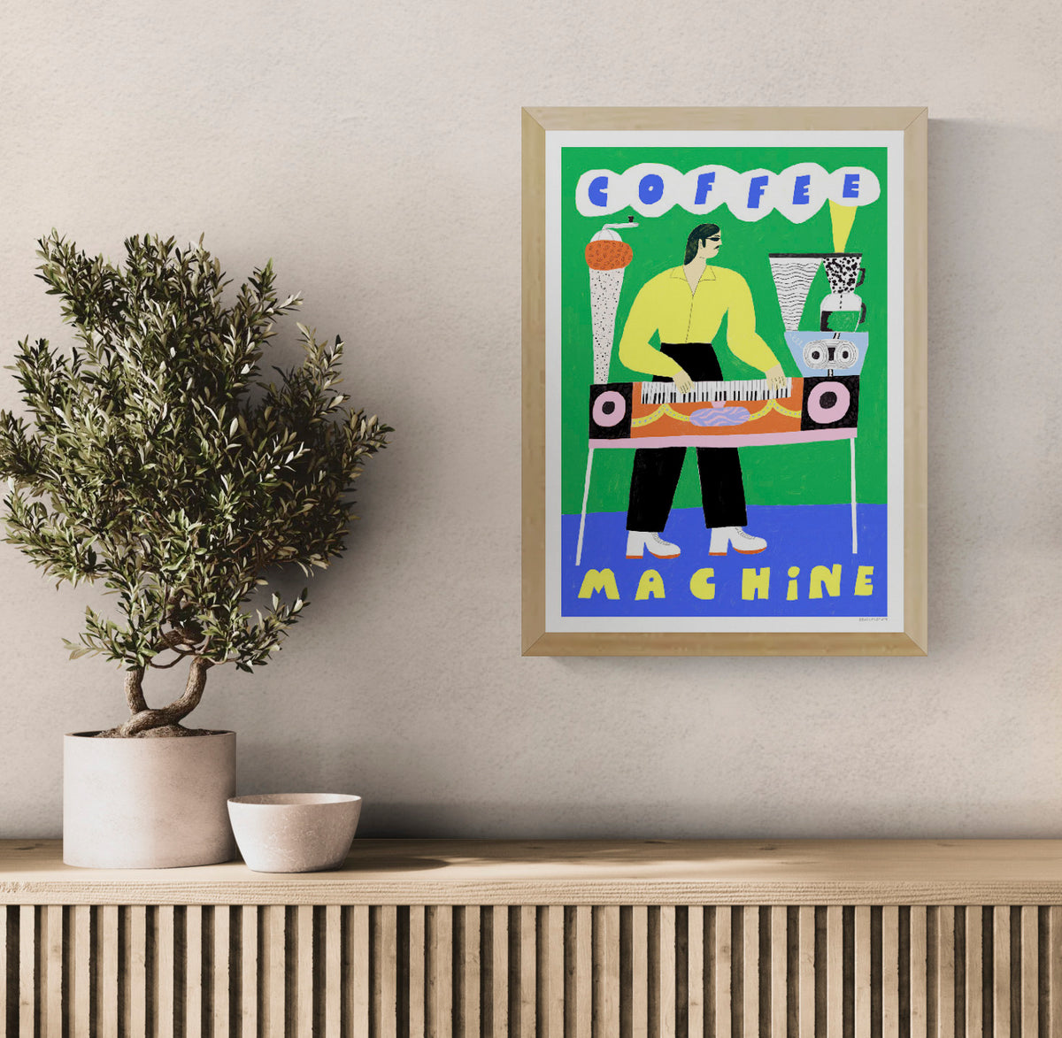 Colourful retro illustration of a moustached man playing a coffee machine keyboard, with bright green, yellow and blue tones. Vertical giclée art print by Dans les Dents, ideal for playful kitchen wall decor.