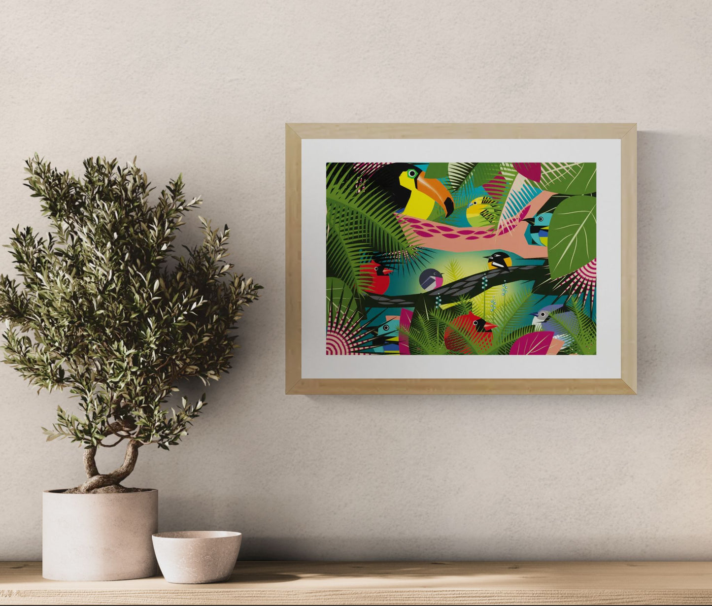 Bold and colorful jungle scene illustration by Studio Frits featuring a lively mix of exotic birds—including toucans and tropical songbirds—nestled among lush green leaves and graphic foliage. A striking, contemporary art print that brings the vibrancy of the Amazon rainforest into your space—perfect for modern interiors, bird lovers, and nature-inspired decor