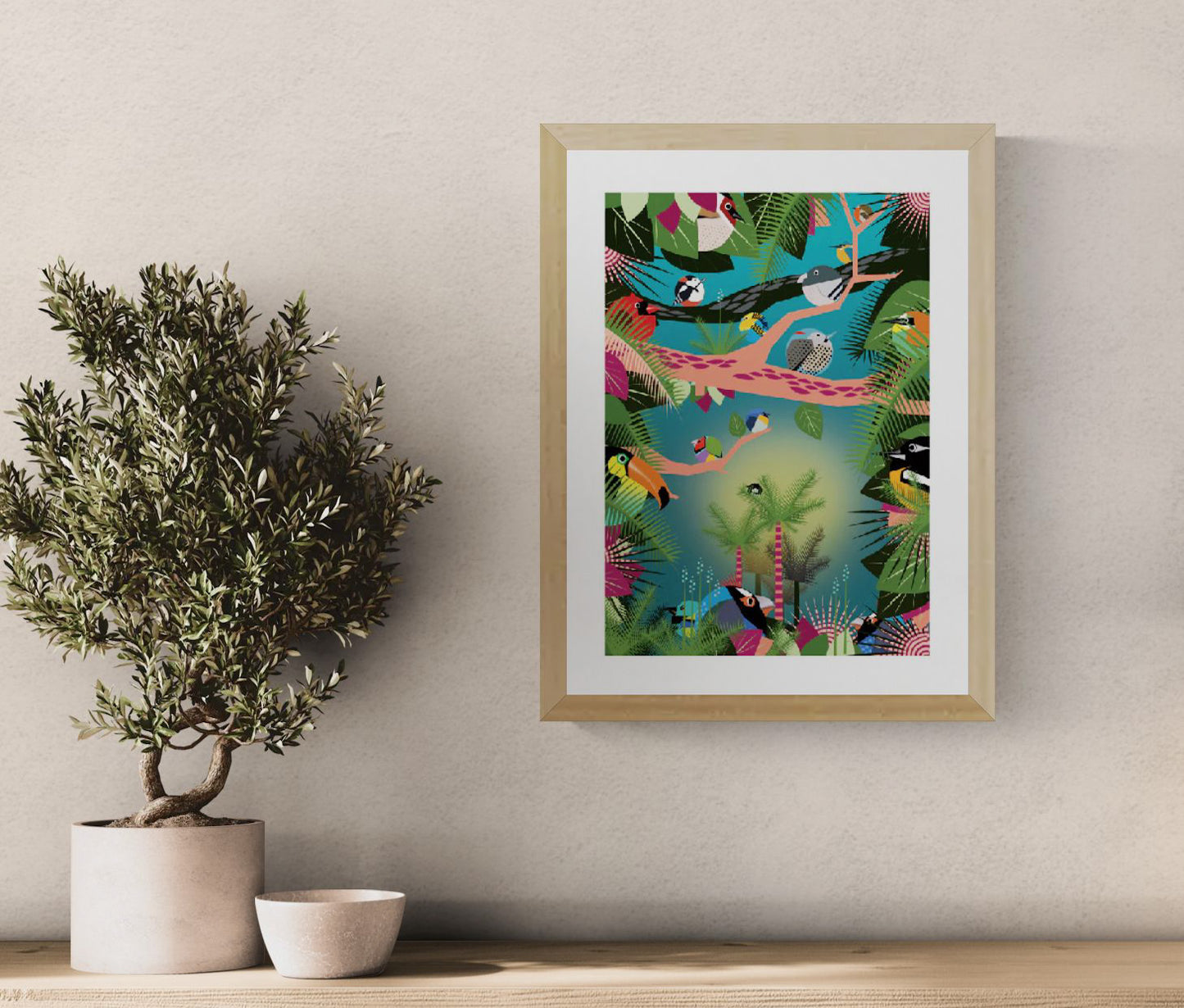 Vibrant jungle-themed illustration by Studio Frits featuring a lush tropical canopy filled with colorful exotic birds perched on graphic pink and black branches. Set against a dreamy teal-green background with bold botanical elements, this dynamic art print captures the rich biodiversity of the Amazon—perfect for brightening up modern interiors, kids’ rooms, or nature-inspired spaces