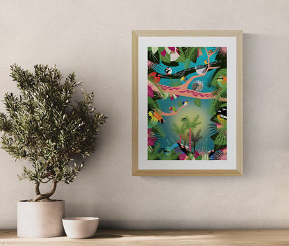 Vibrant jungle-themed illustration by Studio Frits featuring a lush tropical canopy filled with colorful exotic birds perched on graphic pink and black branches. Set against a dreamy teal-green background with bold botanical elements, this dynamic art print captures the rich biodiversity of the Amazon—perfect for brightening up modern interiors, kids’ rooms, or nature-inspired spaces