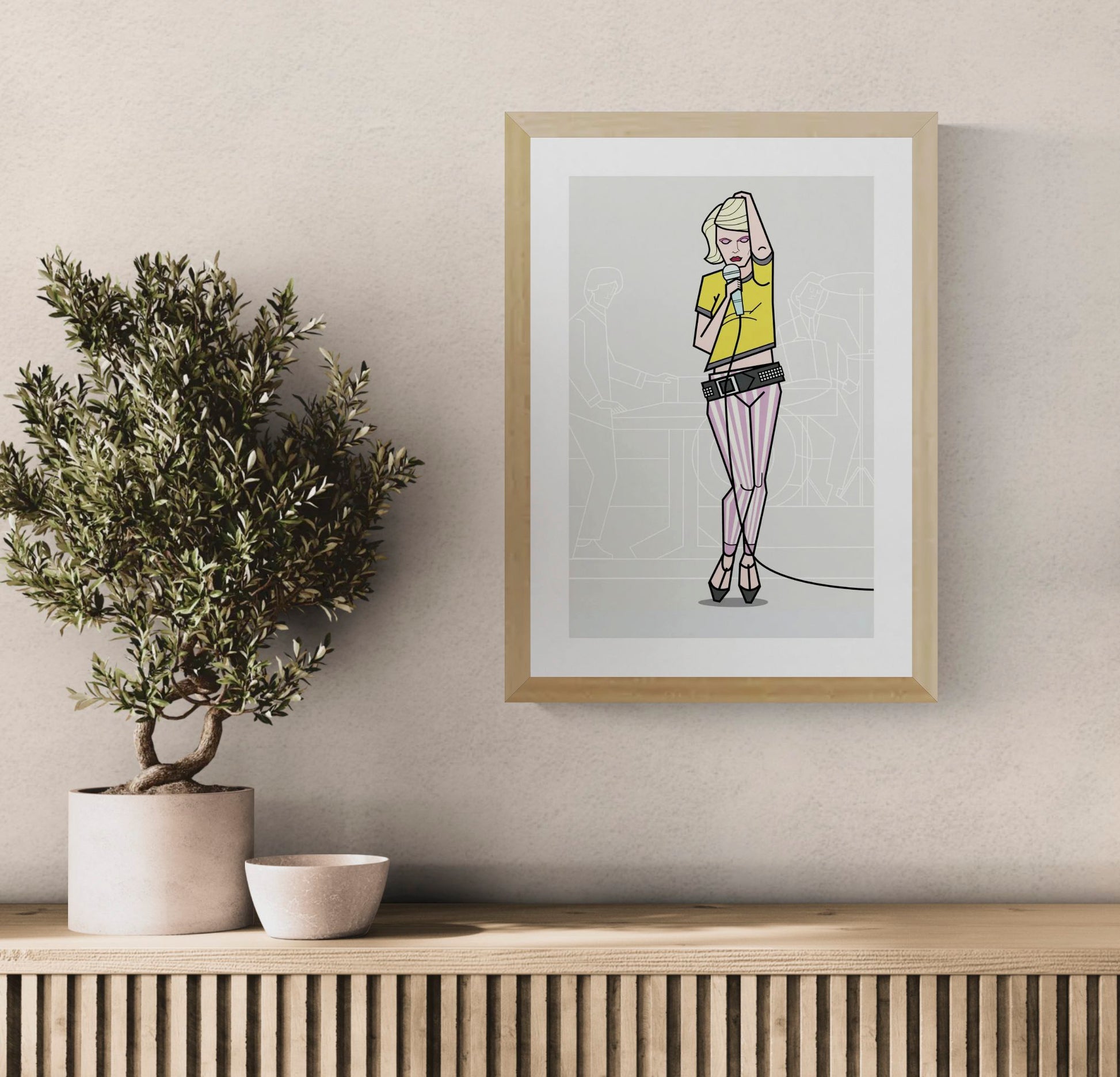 Illustration of a stylish punk singer in pastel striped pants and a yellow crop top, holding a microphone with confident attitude, created by Floor 4 Productions. Modern geometric line style with subtle band figures in the background. Limited edition art print available in A4 or A3, four-color print on matte 300g textured paper, perfect for music lovers and contemporary art collectors.