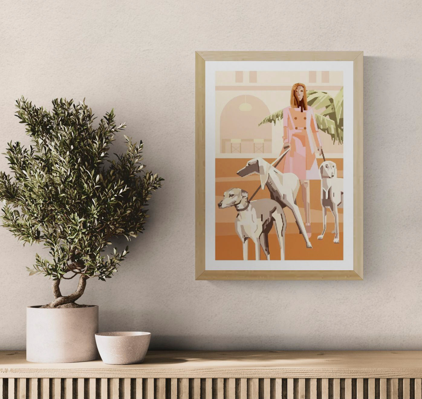 “Who Let the Dogs Out” by Floor 4 Productions – A3 digital art print of a fashionable woman walking three elegant greyhounds in a modern, pastel urban setting, Belgian illustration.