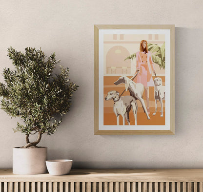 “Who Let the Dogs Out” by Floor 4 Productions – A3 digital art print of a fashionable woman walking three elegant greyhounds in a modern, pastel urban setting, Belgian illustration.