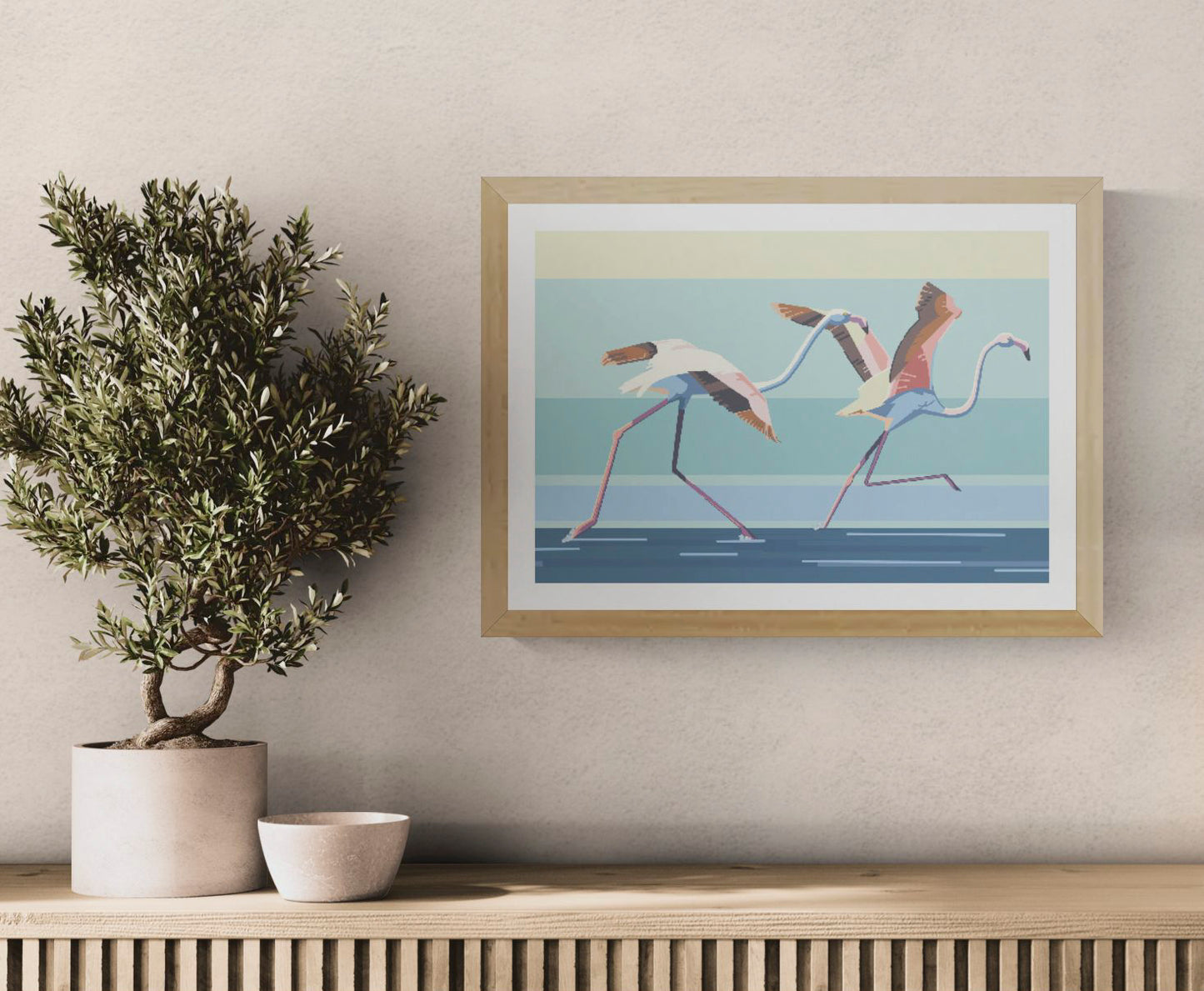 Contemporary A3 art print titled Take off by Belgian duo Floor 4 Productions. Features two flamingos mid-run across a stylized water surface with bold pastel tones and geometric lines. Printed on 300g paper, perfect for colorful and energetic home decor.