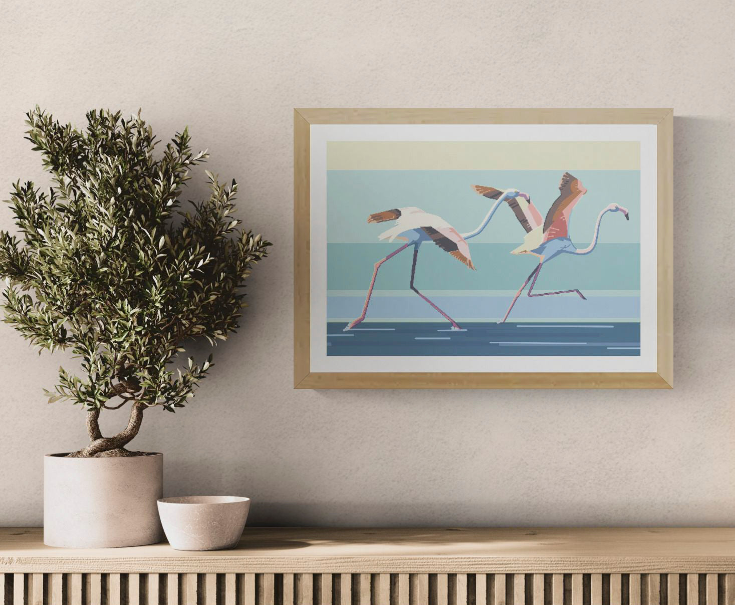 Contemporary A3 art print titled Take off by Belgian duo Floor 4 Productions. Features two flamingos mid-run across a stylized water surface with bold pastel tones and geometric lines. Printed on 300g paper, perfect for colorful and energetic home decor.