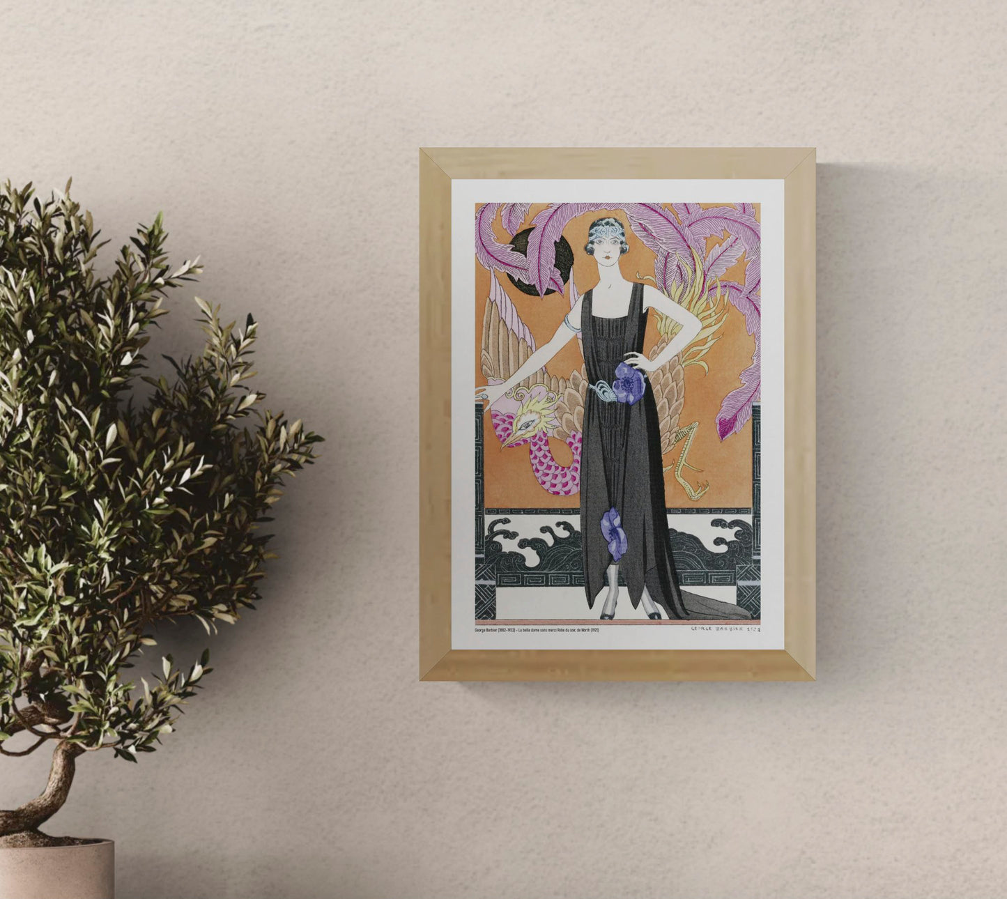 La Belle Dame sans Merci by George Barbier, a vertical Art Deco fashion illustration of a woman in a black evening dress surrounded by a colourful bird, purple feathers and warm orange tones, ideal as elegant wall decor.
