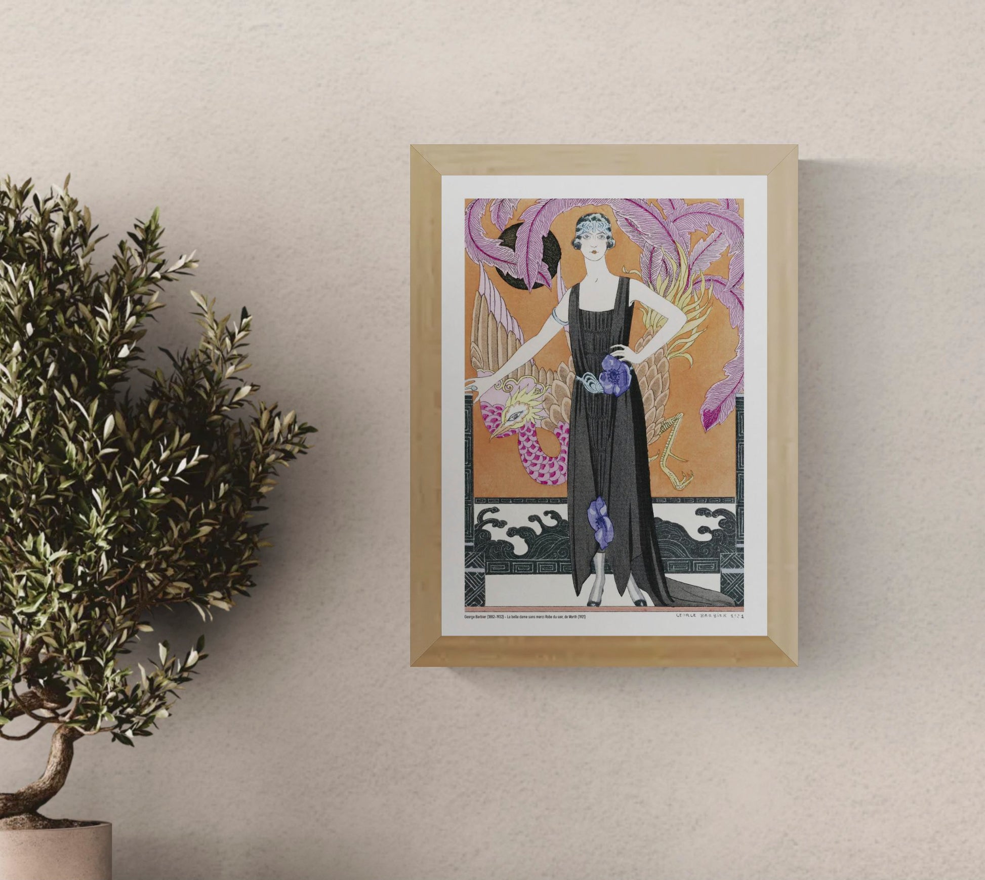La Belle Dame sans Merci by George Barbier, a vertical Art Deco fashion illustration of a woman in a black evening dress surrounded by a colourful bird, purple feathers and warm orange tones, ideal as elegant wall decor.