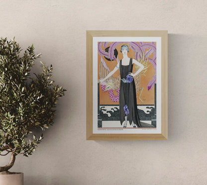 La Belle Dame sans Merci by George Barbier, a vertical Art Deco fashion illustration of a woman in a black evening dress surrounded by a colourful bird, purple feathers and warm orange tones, ideal as elegant wall decor.