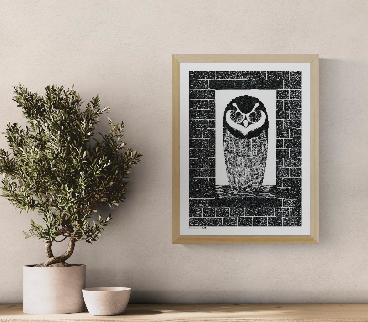 Black-and-white portrait of a wide-eyed owl framed by textured brick patterns, based on a 1914 Dutch woodcut, in vertical format for graphic wall art and study decor.