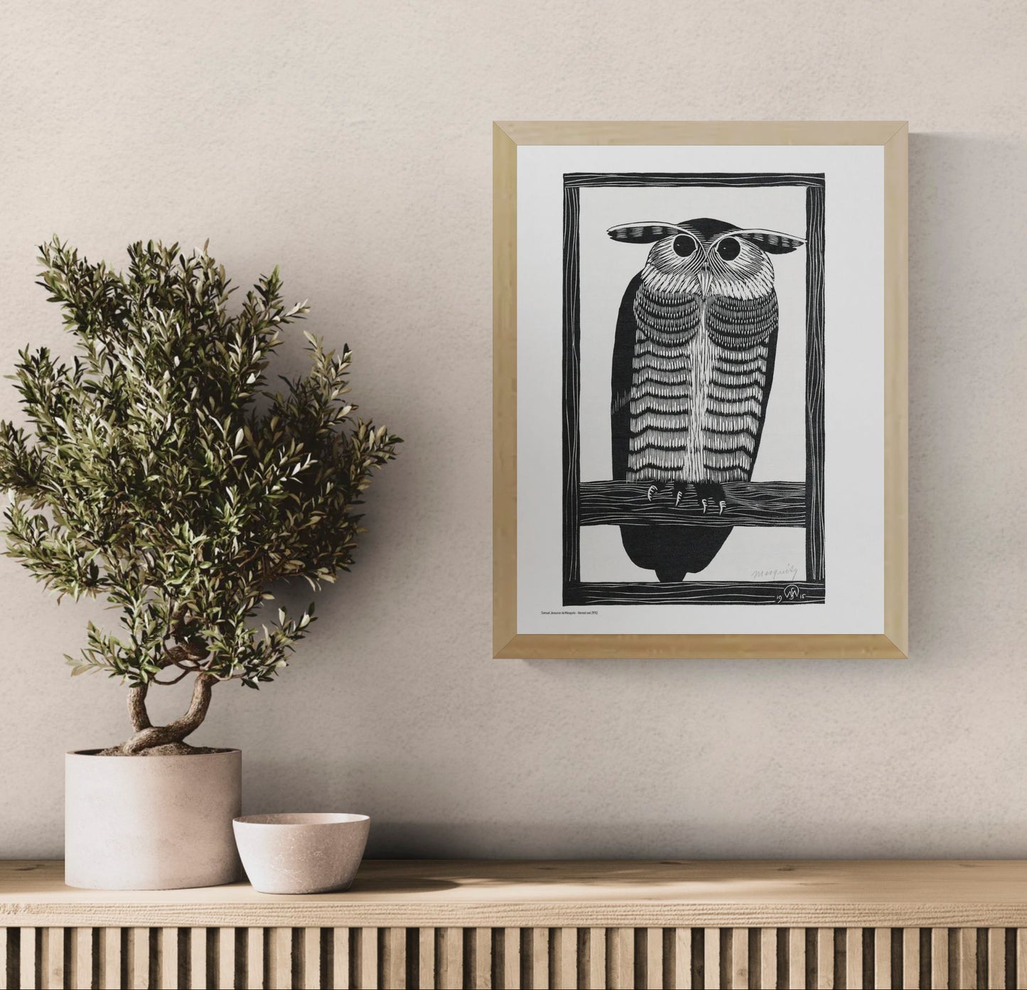 Black-and-white portrait of a horned owl perched on a branch, created in Samuel Jessurun de Mesquita’s detailed woodcut style. Vertical wall art for an office, library, bedroom, or monochrome interior.