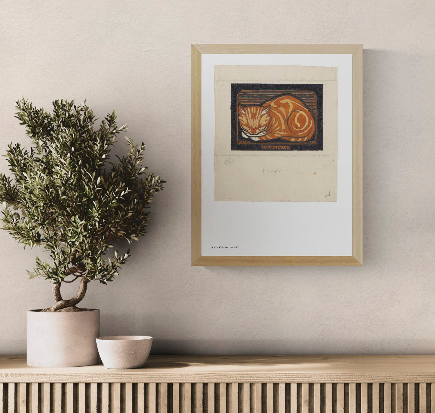 Orange curled cat in a bold early 20th-century woodcut style, with black outlines and a dark background. Vertical digital art print for cosy wall decor and cat-themed interiors.