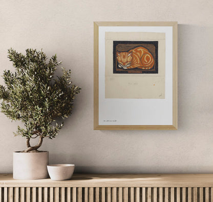 Orange curled cat in a bold early 20th-century woodcut style, with black outlines and a dark background. Vertical digital art print for cosy wall decor and cat-themed interiors.