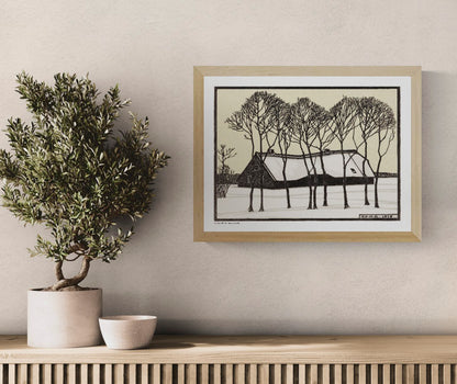 Black and cream winter landscape by Julie de Graag showing a snow-covered farmhouse behind tall bare trees, reproduced as a horizontal digital print for calm wall art and natural home decor.