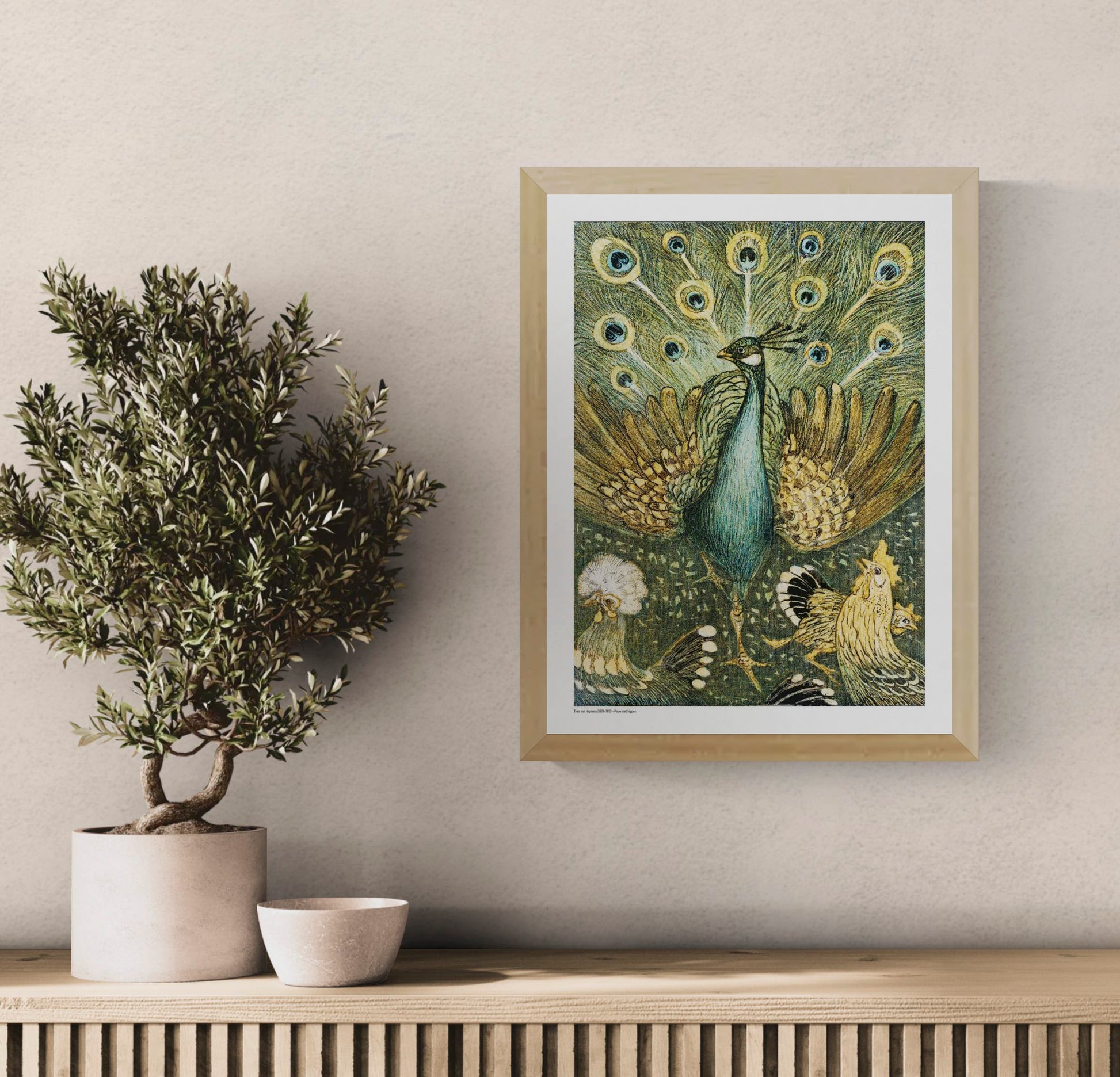 Vertical decorative art print of a peacock surrounded by chickens, illustrated in rich green, turquoise, gold and black tones in Theo van Hoytema’s Art Nouveau style, ideal as distinctive living room wall art.