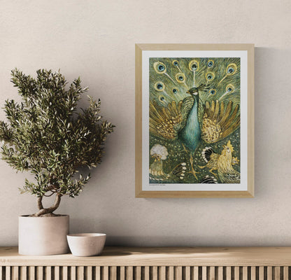 Vertical decorative art print of a peacock surrounded by chickens, illustrated in rich green, turquoise, gold and black tones in Theo van Hoytema’s Art Nouveau style, ideal as distinctive living room wall art.