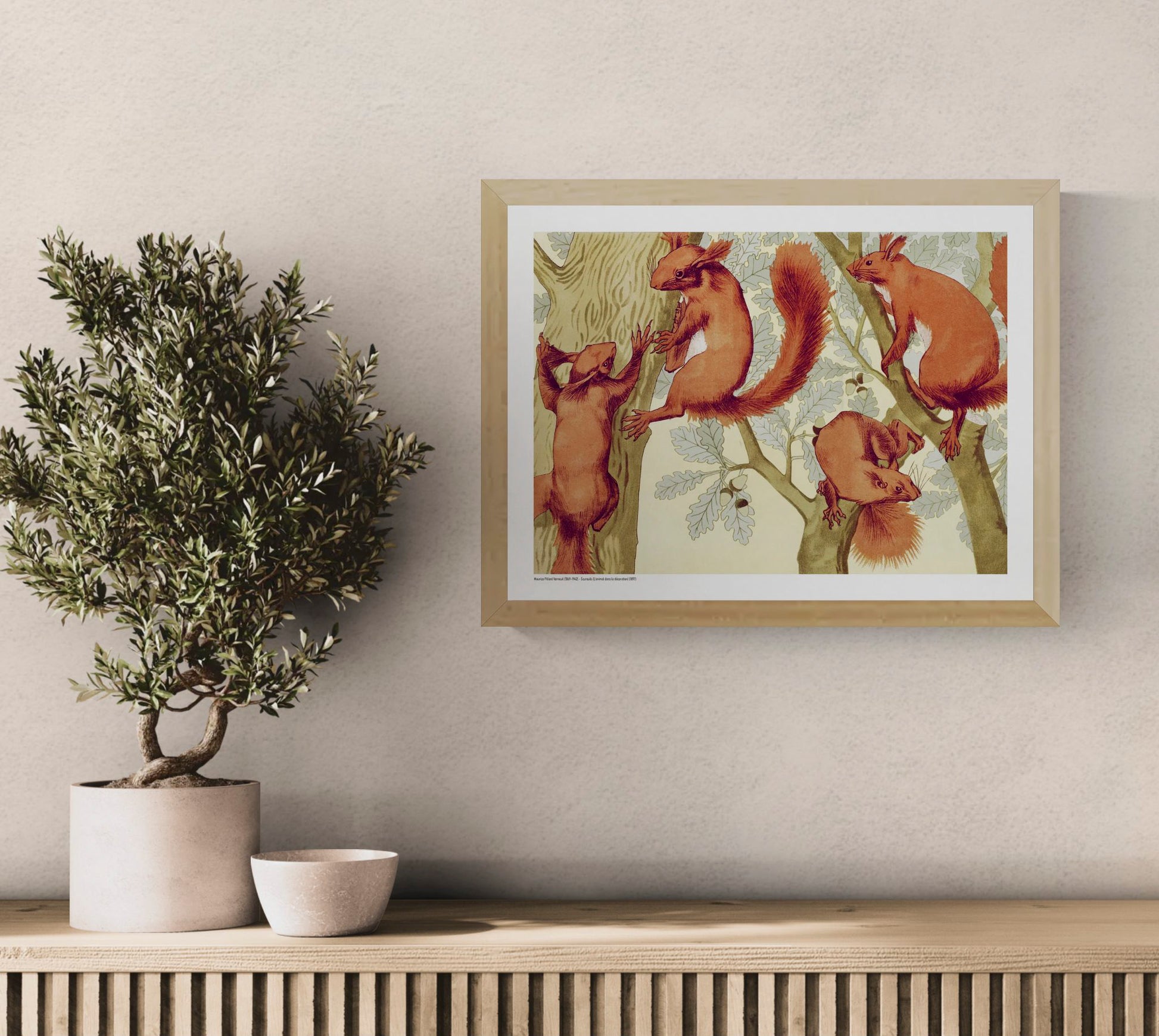 Horizontal Art Nouveau illustration of four red squirrels climbing oak trees, rendered in warm orange, cream and muted green tones. A decorative digital art print for living rooms, studies and nature-inspired walls.