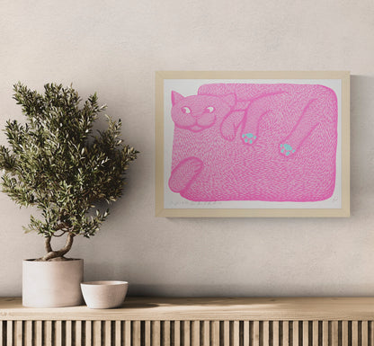 Fluorescent pink reclining cat with mint green paw pads, illustrated in Strangford’s quirky graphic style. Horizontal A3 risograph print for playful cat wall art and contemporary home decor.