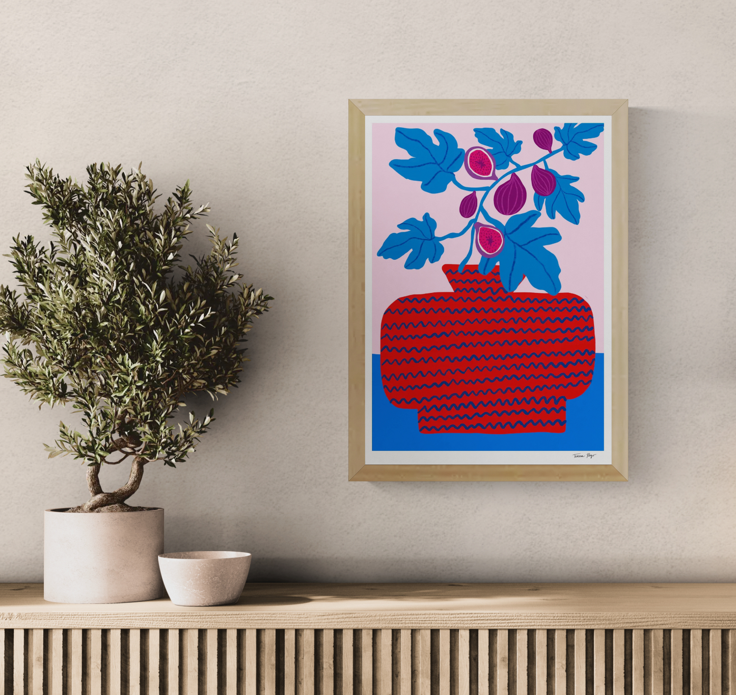 Colourful vertical giclée print by Teresa Rego featuring purple figs, bright blue leaves and a patterned red vase against a pink background, ideal as playful botanical wall art.