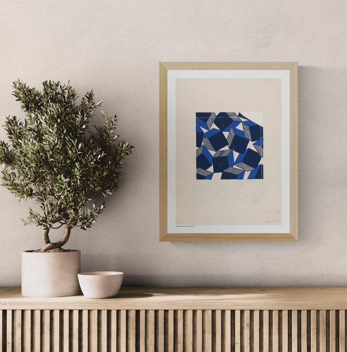 Geometric Bianchini-Férier silk fabric design with deep blue, navy and cream angular shapes and striped details, digitally printed in portrait format as graphic wall art.