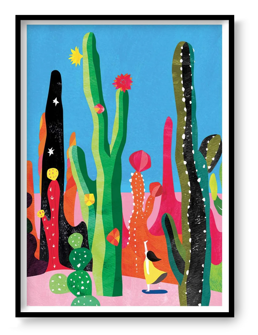 Cactus by Shihotana – 30x40 cm Japanese art print featuring a whimsical girl exploring a surreal desert filled with tall, colorful cacti under a bright sky. Dreamlike illustration in vibrant tones, printed in France on FSC-certified eco paper, unframed wall art inspired by nature and fantasy worlds.
