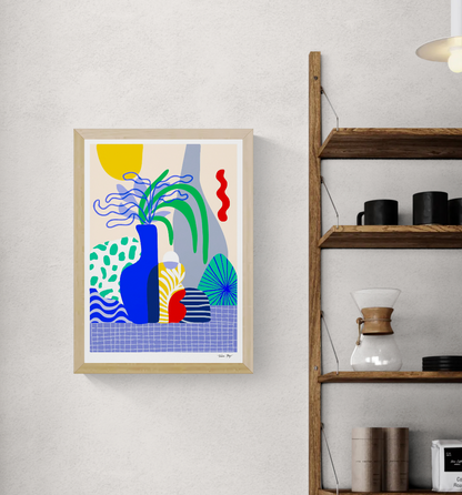 Vertical A3 giclée art print by Teresa Rego featuring a cobalt blue vase, patterned vessels and green leaves in a bold contemporary style, ideal for colourful living room wall decor.