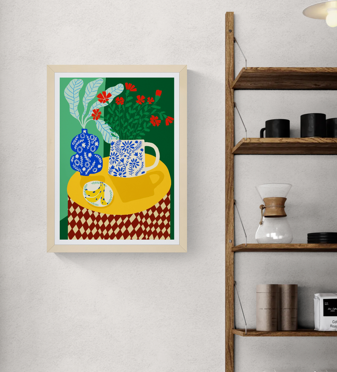Colourful vertical giclée print by Teresa Rego featuring red carnations, blue patterned porcelain and green foliage in a bold contemporary still life for vibrant home decor.