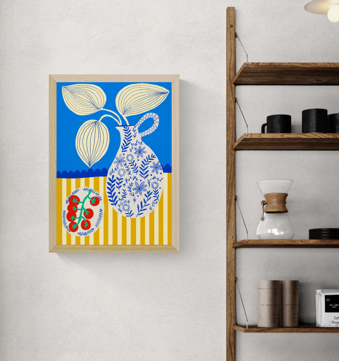 Porcelain and Tomatoes by Teresa Rego, vertical giclée art print featuring red vine tomatoes and a floral porcelain jug in bold blue, cream and orange, ideal for colourful kitchen wall decor.